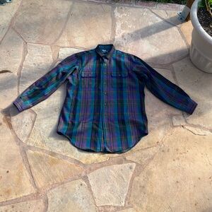 Vintage Polo Ralph Lauren Iridescent Black Purple Red Wool Button Plaid Flannel